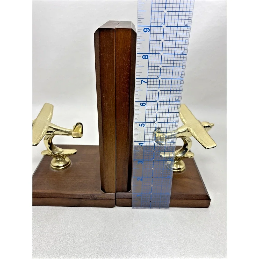 Vintage Art Deco Style Brass Airplane Wooden Bookends Book Ends Wood Plane